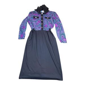 Vtg 90's Purple Paisley Floral Midi Dress Size 12 S/MED Retro Bold Buttons USA